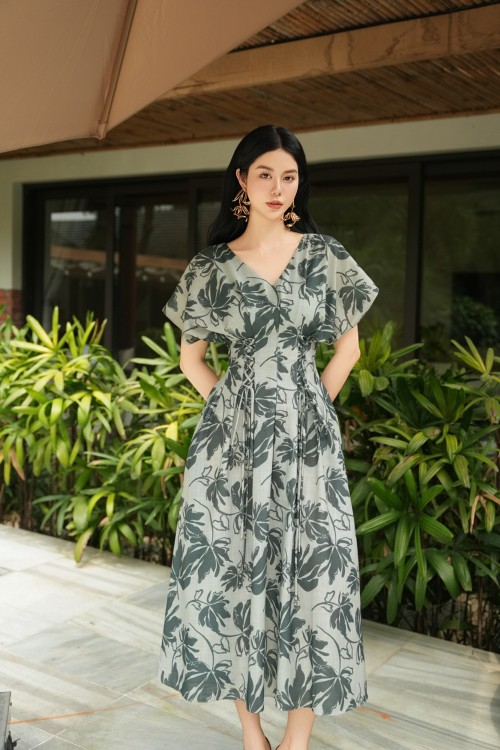 Sixdo Green Floral Linen Flared Dress